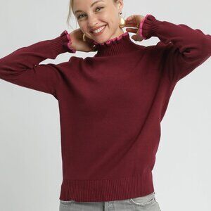 Umgee Ribbed Round Neck Sweater with Ruffle Contrast Trim